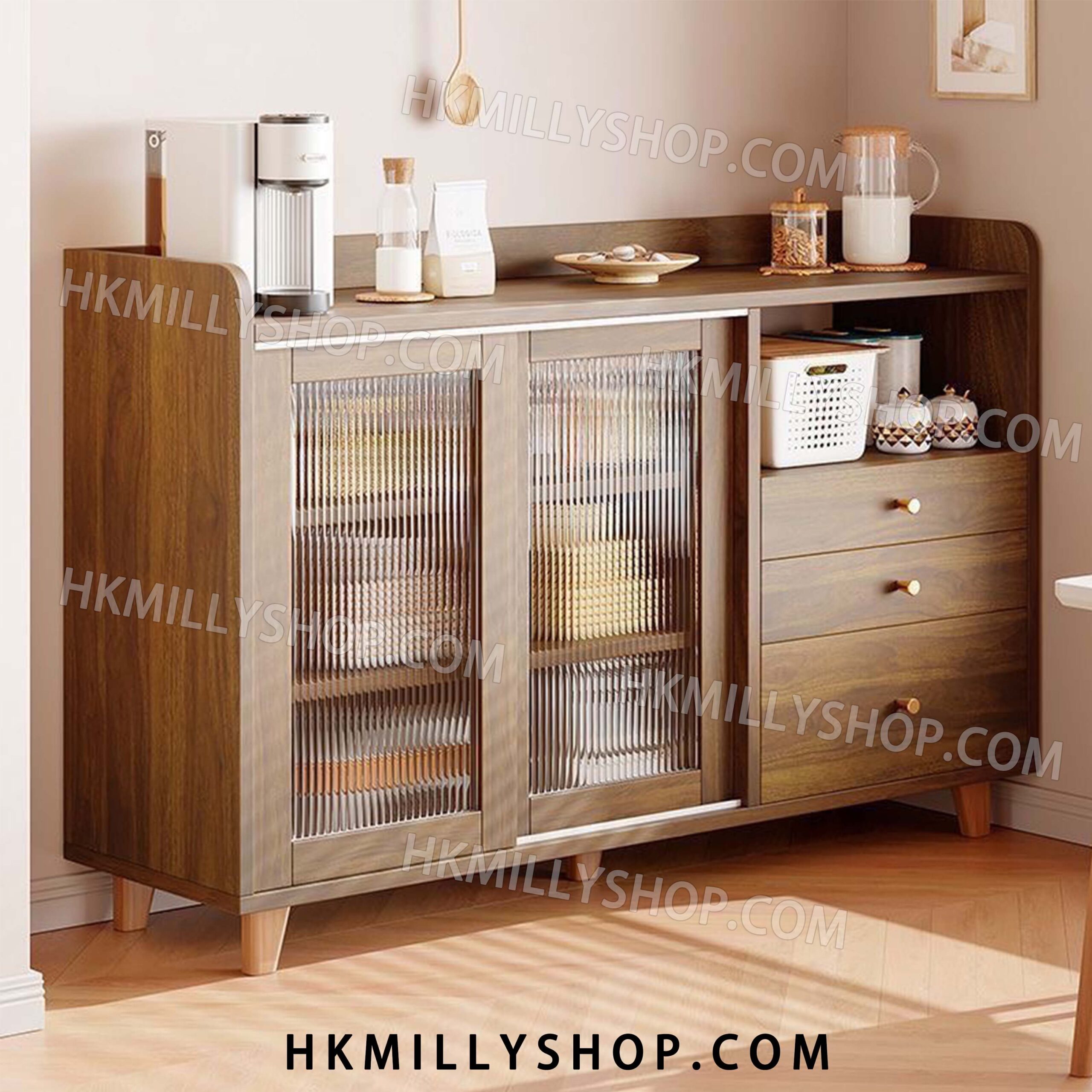 A&0388實木移動門 餐邊櫃 廚房收納櫃 落地置物櫃 茶水櫃 碗櫃 微波爐置物櫃