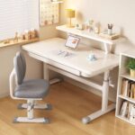 A&0793兒童書桌椅組合 可調節高低 多功能書台 升降桌子 書桌書架組合 手搖升降