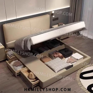 A9008 油壓床 氣壓三櫃桶 框架 超薄床頭真皮床現代簡約雙人1.8x2m小戶型主臥雙人儲物皮床