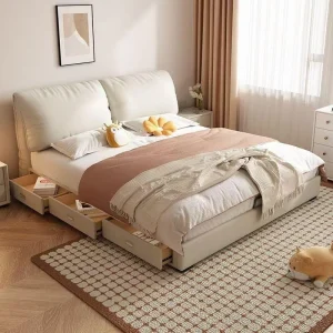 A9004油壓床 奶油風 大象耳朵軟包床 主臥雙人床 家用儲物真皮床 高檔婚床