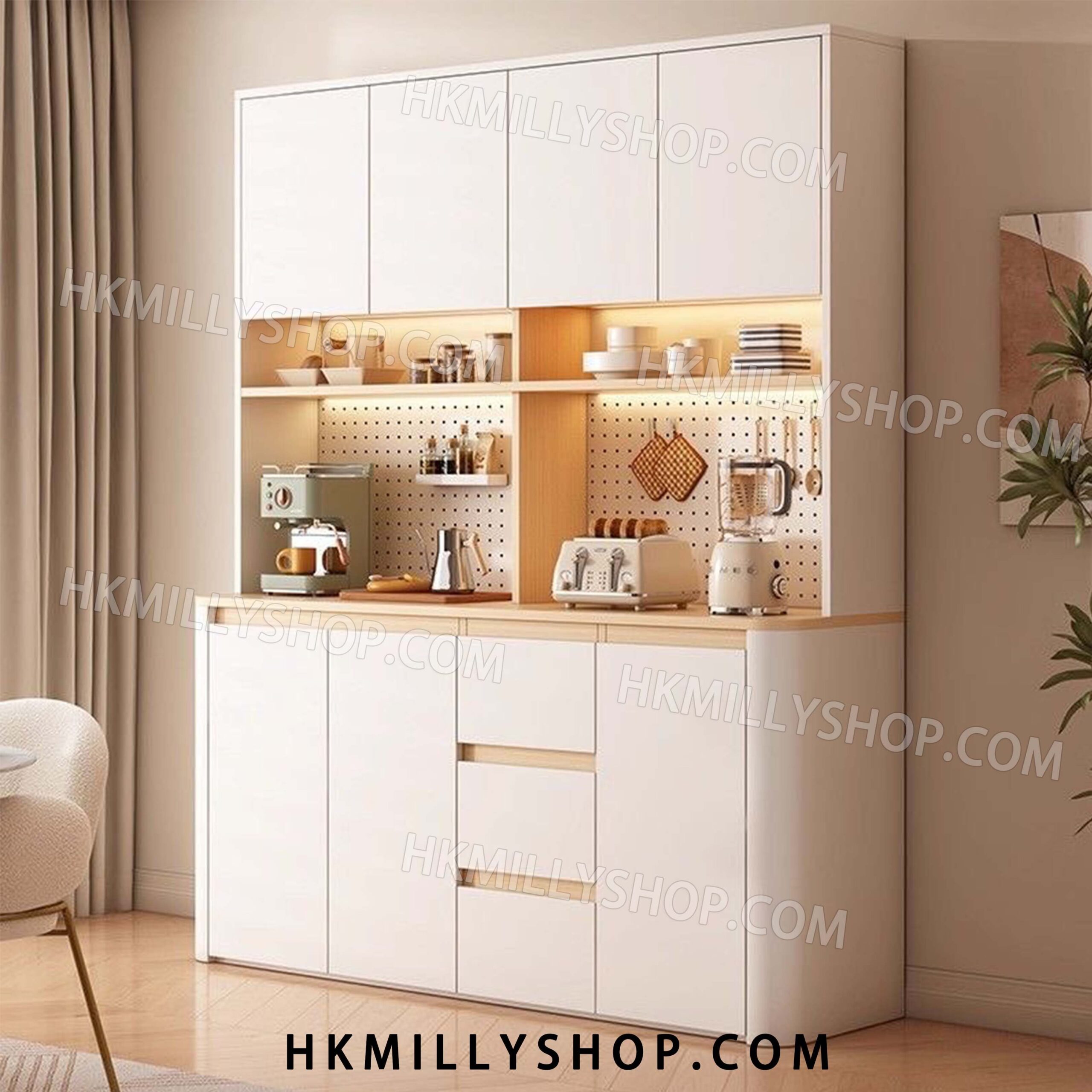 A9029 圓角實木 餐邊櫃 酒櫃 置物架 洞洞板 靠墻一體 客廳家用 儲物廚房 餐邊櫃