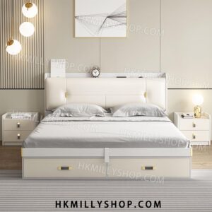 A9078 油壓床 白色輕奢氣動高箱儲物床 現代簡約臥室收納小戶型 單人床 雙人床