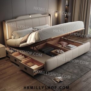 A9079 實木油壓床 意式輕奢雙人床 現代簡約高端大氣大床 主臥婚床儲物儲物床 皮床