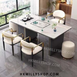 A9054 輕奢風巖板茶桌 茶枱椅組合 簡約現代 辦公家用泡茶臺 功夫茶桌 一體一整套