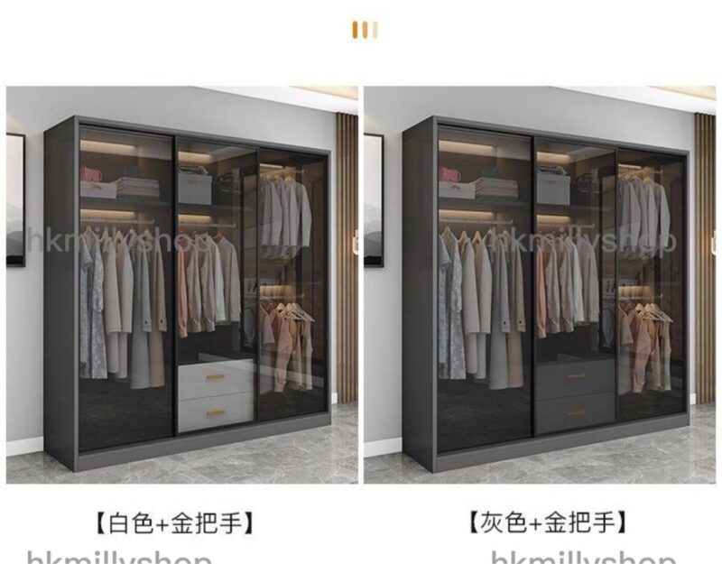 A&1280玻璃門衣櫃 透明衣櫃 趟門衣櫃帶櫃桶 臥室收納櫃 推拉門櫃 鋼化玻璃滑門衣櫥 - Image 6