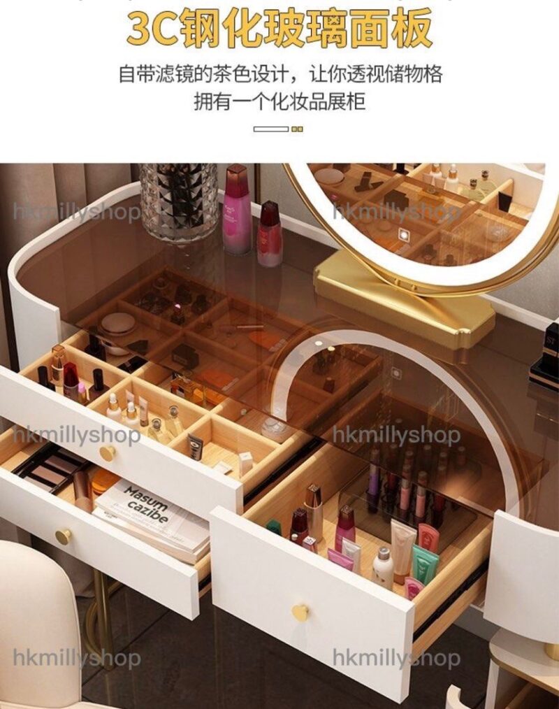 A&1503免安裝化妝枱凳子組合 梳妝枱帶三色燈光鏡子 梳妝桌子椅子收納櫃一體抽屜櫃 化妝品儲物櫃 櫃桶 書桌 - Image 7