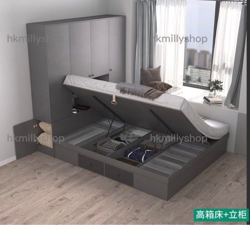 A&1506油壓衣櫃床組合 榻榻米床架 多功能儲物床 大容量衣櫃床櫃一體床架 - Image 2