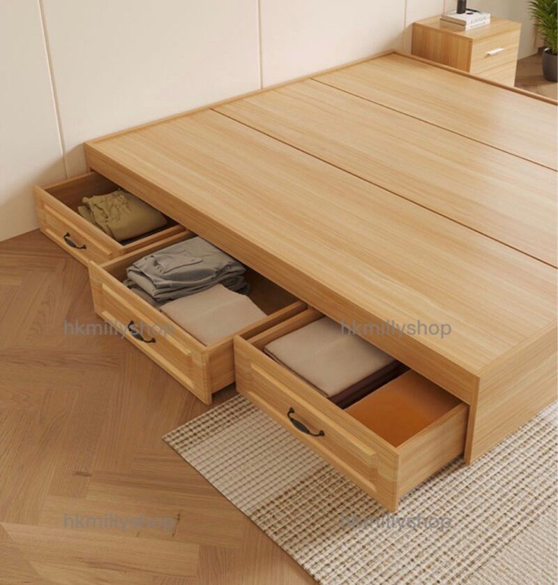 A&1574實木榻榻米床架 儲物床 抽屜床 雙人床 Queen size bed 高箱儲物床 櫃桶床 無床頭平面床Bed - Image 4