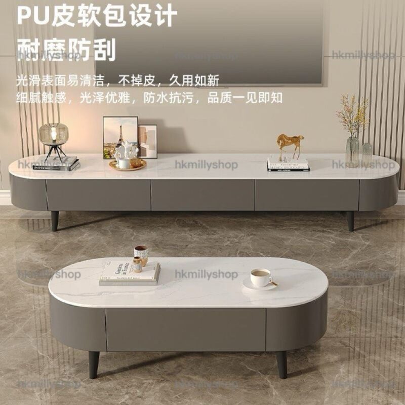 A&1736岩板茶几 大容量抽屜櫃 雲石檯面圓角PU皮包邊防撞 - Image 2